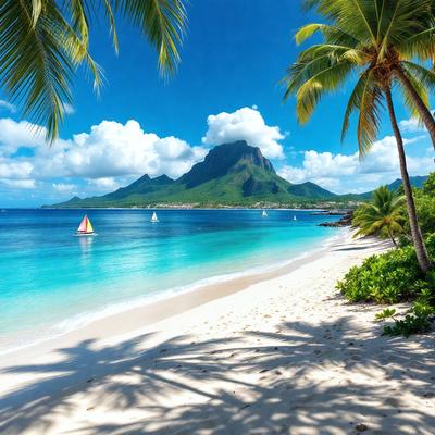The primary subject of the image is a beautiful beach scene with a clear blue ocean and a sandy shore. The setting includes palm trees and mountains in the background, creating a picturesque and serene atmosphere. The visual style of the image is a photo, capturing the natural beauty of the beach and its surroundings. The colors and mood of the image are predominantly blue and green, with a sense of tranquility and relaxation.